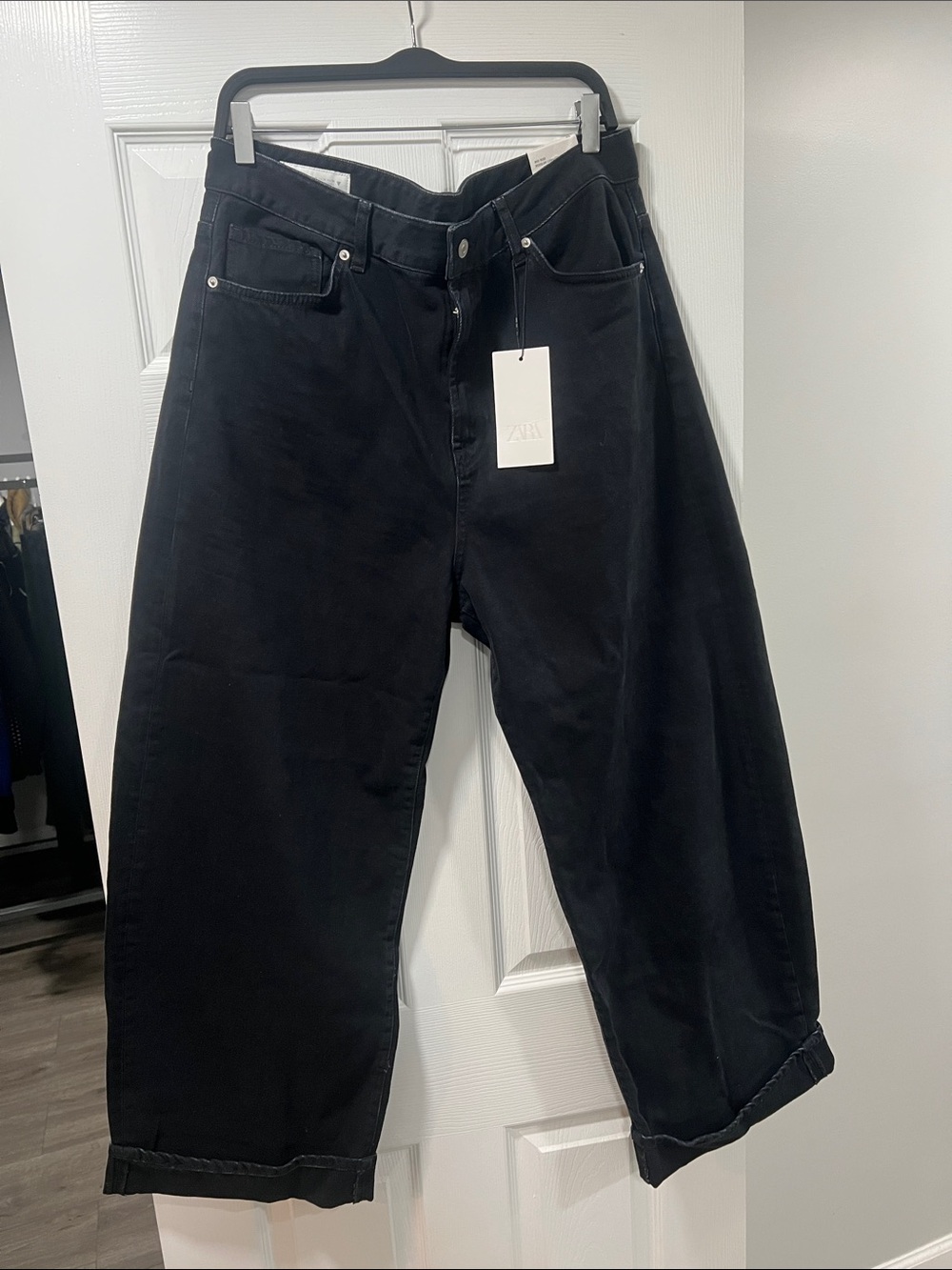 Zara Blue Black Baggy Fold Up Jeans w/Cuffed Hem